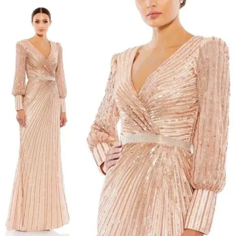 NWT MAC DUGGAL 5501 Sequined Wrap Over Bishop Sleeve Gown COPPER SZ 24 $598